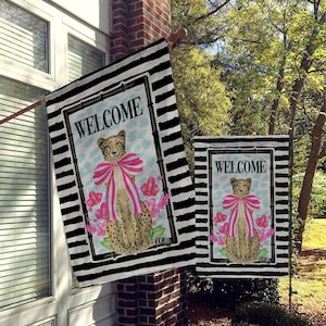 Welcome Garden Flag, House Flag, Garden Flags, Porch Flags, Yard Flags, Cheetah, Leopard, Hot Pink, Orchids, Fun Preppy Classy Stripes