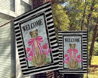 Welcome Garden Flag, House Flag, Garden Flags, Porch Flags, Yard Flags, Cheetah, Leopard, Hot Pink, Orchids, Fun Preppy Classy Stripes