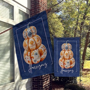 Personalized Flag, Custom Fall Garden & House Flag, Autumn Decor, Harvest Farmhouse, Pumpkin Topiary Buffalo Blue Damask, Floral Pumpkin