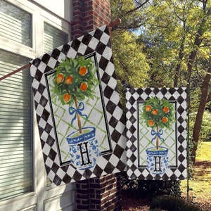 Personalized Flag, Monogram Garden Flags, Custom House Flag, Modern Farmhouse Flags, Black Diamond Harlequin, Ginger Jar, Orange Tree