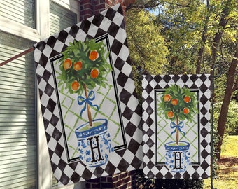 Personalized Flag, Monogram Garden Flags, Custom House Flag, Modern Farmhouse Flags, Black Diamond Harlequin, Ginger Jar, Orange Tree