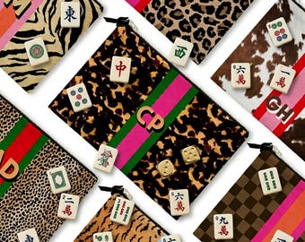 Custom Mahjong Zip Bag, Tile Pouch, Game Bag, Preppy, Large, Monogram, Personalized, Letter, Initial, Tortoise, Leopard