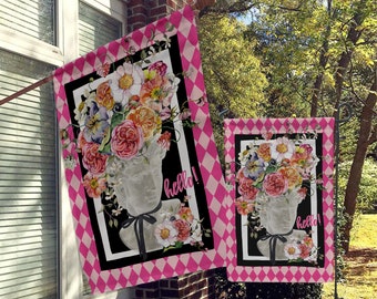 Welcome Garden Flag, House Flag, Porch Flags, Yard Flags, Pink Harlequin, Diamond, Checkers, Garden Statue Head Planter, Bright Flowers