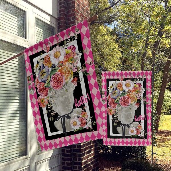 Welcome Garden Flag, House Flag, Porch Flags, Yard Flags, Pink Harlequin, Diamond, Checkers, Garden Statue Head Planter, Bright Flowers