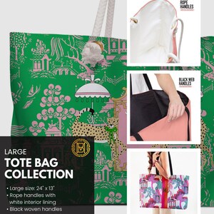 May include: Large tote bag collection with a green and pink pattern. The bag features rope handles and a white interior lining. The bag measures 24 inches by 13 inches.