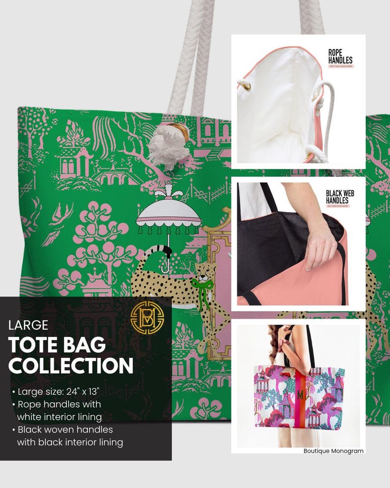 May include: Large tote bag collection with a green and pink pattern. The bag features rope handles and a white interior lining. The bag measures 24 inches by 13 inches.