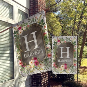 Personalized Garden Flag, Custom Garden House Flag, Monogram Flag, Modern Farmhouse, Address Marker, Herringbone Florals with Vintage Gold