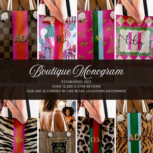 May include: A collection of monogrammed tote bags with various patterns and colors. Designs include animal prints, floral patterns, and stripes. Each bag features a personalized monogram in gold lettering. The text "Boutique Monogram" is displayed.
