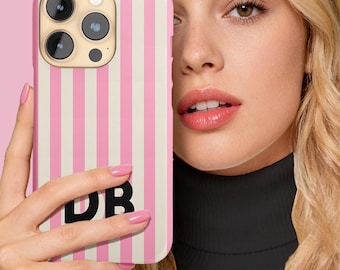 Personalized Initial Phone Case, Custom Name,iPhone 17e, 16, 15, 14, Magsafe,Pro,Plus,Monogram, Pink and Off White, Cabana Palm Beach Stripe
