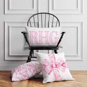 Personalized Pillow Cover, Monogram Initial, Custom Pillow Case, Preppy Grand millennial, Fancy Rose Pattern, Pink,Bows, Ribbons, Coquette