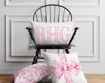 Personalized Pillow Cover, Monogram Initial, Custom Pillow Case, Preppy Grand millennial, Fancy Rose Pattern, Pink,Bows, Ribbons, Coquette