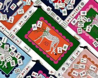 Custom Mahjong Zip Bag, Tile Pouch, Game Bag, Preppy, Large, Monogram, Personalized, Letter, Initial, Snow Leopard, Pink, Green, Blue, Red