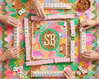 Custom Mahjong Mat, Neoprene, Personalized, Monogrammed, Letter, Initial, Bright Preppy Leopard Jungle, Pink, Green, Orange, Brown