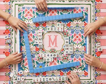 Custom Mahjong Mat, Neoprene, Personalized, Monogrammed, Cottage Core, Grandma Coastal, Preppy, Floral, Blue, Red, Peach Flowers