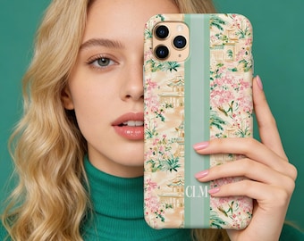 Etui na telefon z inicjałami, spersonalizowana litera, etui na iPhone'a 16e, 14, 17, Magsafe, Pro, kremowe, zielone, inicjały, pasek w stylu chinoiserie