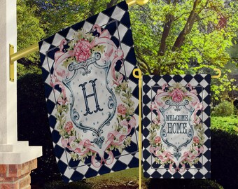 Personalized Flag, Monogram Garden Flags, Custom House Flag, Preppy Maximalist, Flower Rose Family Crest, Initial, Diamond, Harlequin