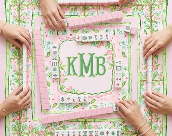 Custom Mahjong Mat, Neoprene, Personalized, Monogrammed, Letter, Initial, Cottage Core, Pastel Pink, Green, Grand Millennial