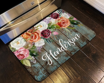 Floor Mat, Personalized Rug, Kitchen Rug, Personalized Floor Mat, Cushion Mat, Memory Foam Cushion, Distressed Wood with Florals