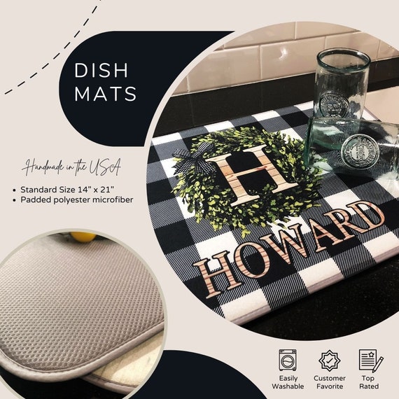 Custom Dish Mat, Personalized Drying Mat, Monogrammed Kitchen Decor, Custom Dishmat  Counter Cushion Mat, White Farmhouse Florals Decor 