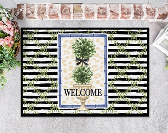 Door Mat, Floor Mat, Outdoor or Indoor Mat, Floor Mat, Entry Mat, Outdoor Gift, Farmhouse, Topiary Leopard Stripes, Black Cream Green Mat