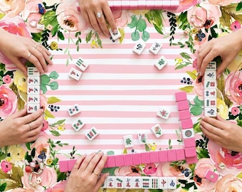 Custom Mahjong Mat, Neoprene, Personalized, Monogrammed, Watercolor Flowers, Pink Stripes, Yellow, blue, peach, white, green, Florals