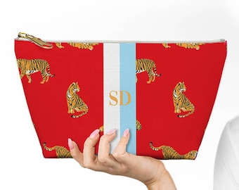 Custom Zip Bags, Pouch, Travel, Tech, Monogram, Personalized, Letter,Initial, Makeup, Accessory, Tiger, Stripe, Pink