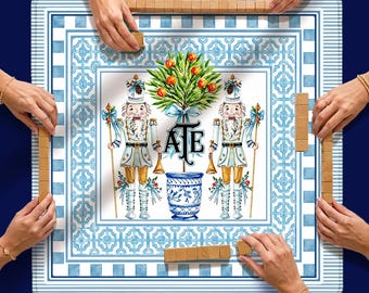 Custom Mahjong Mat, 31.5", Neoprene, Personalized, Monogrammed, Initial, Winter, Holiday, Christmas, Blue White Stiripe Nutcrackers, Preppy