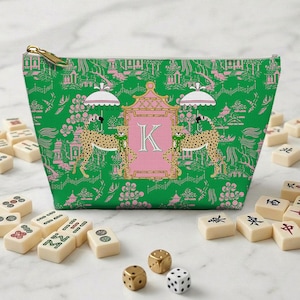 Custom Mahjong Zip Bag, Tile Pouch, Travel, Tech, Game Bag, Chinoiserie, Preppy, Large, Monogram, Personalized, Letter, Initial, Dice, Toile