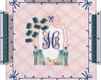 Custom Mahjong Mat, 31.5", Neoprene, Personalized, Monogrammed, Initial, Winter, Holiday, Christmas, Nutcrackers, Pink Plaid, Preppy