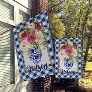 Personalized Flag, Custom House Flag, Monogrammed Garden Flag, Chinoiserie, Preppy Decor, Ginger Jar, Plaid, Blue Buffalo Check, Flowers