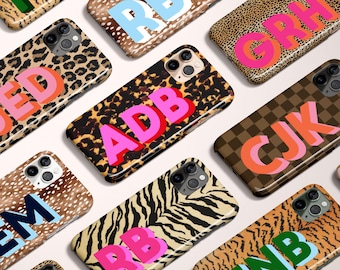 Personalized Shadow Initial Phone Case, Custom Name, iPhone 17, 16e, 15, 14, 13, Magsafe,Pro Max, Plus,Mini, Tortoise, Leopard, Checker