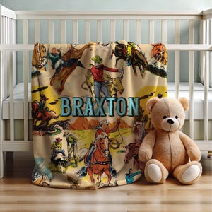 Personalized Blanket, Custom Name Blanket, Baby Boy Toddler Blanket, Vintage Cowboy, Western, Rodeo, Vintage Nursery, Bib