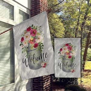 Banderas de bienvenida, banderas para casa, banderas para jardín, banderas para porche, banderas para jardín, estilo rústico chic de granja, madera con flores artificiales, bicicleta con flores, decoración de exteriores