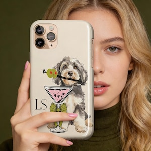 Personligt hundfodral, anpassat namn, iPhone 16, 15, 14, 17, 12, 16e, Magsafe, Pro Max, Plus, Mini, rosa grönt, husdjursporträtt Martini