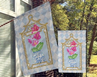 Personalized Garden Flag, Custom Garden House Flag, Monogram Flag,Preppy Harlequin, Light Blue, Diamond, Checker, Orchid, Ginger Jar, Bamboo