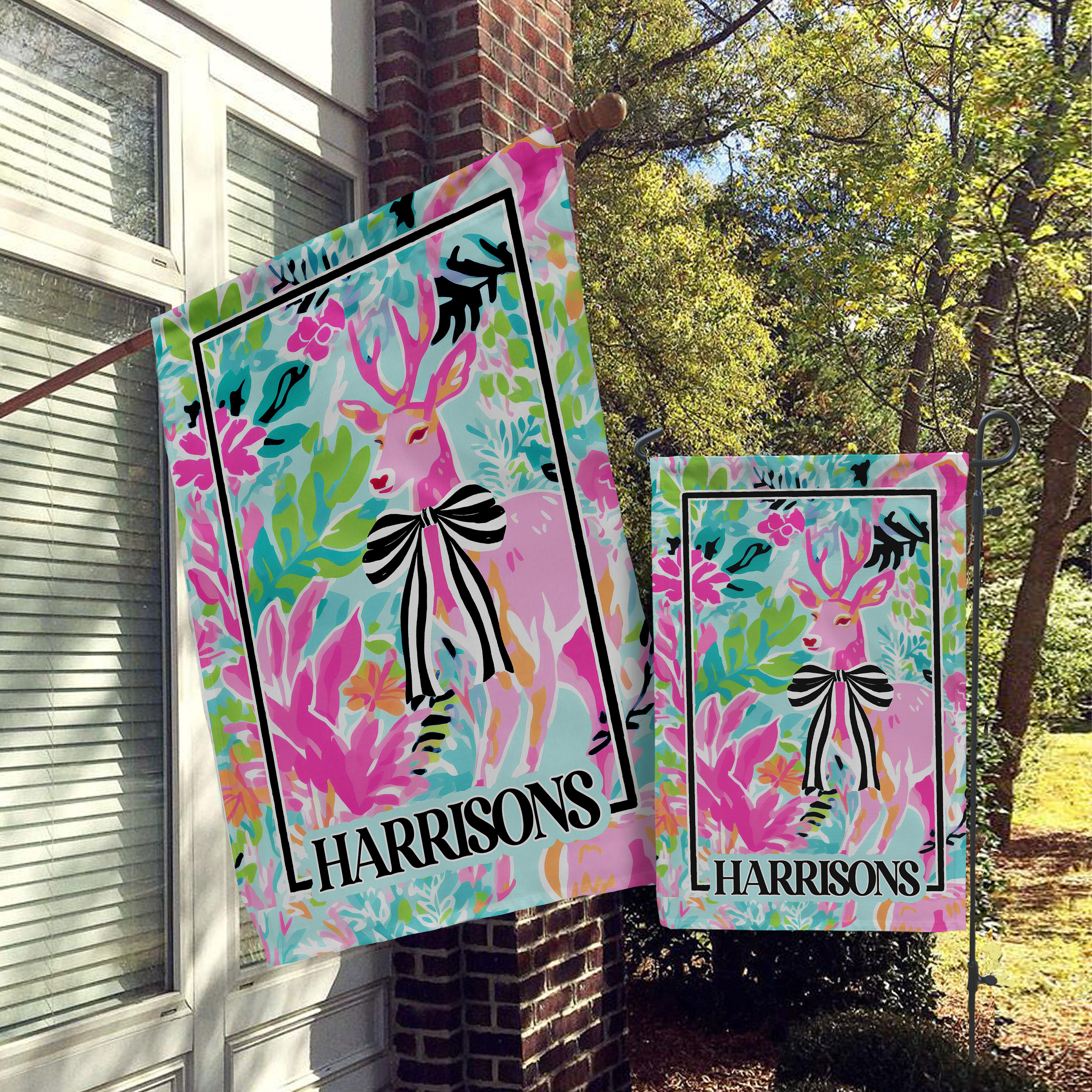 Custom Personalized Christmas Flag, Holiday & Merry Christmas Flag, House Flag,  Garden Flag, Initials, Name, Modern Preppy Pink Bright