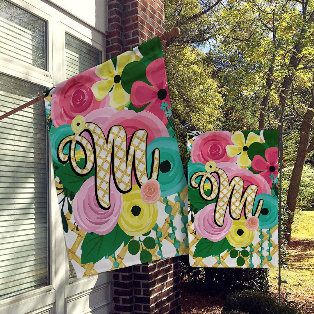 Personalized Flag, Monogram Garden Flags, Custom House Flag, Modern Preppy Flags, Fun Flowers