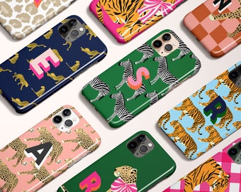 Personalized Animal Initial Phone Case, Custom Letter Case, iPhone 16 case, 15, 14, 13, Magsafe, Pro Max, Leopard, Cheetah, Tiger, Zebra