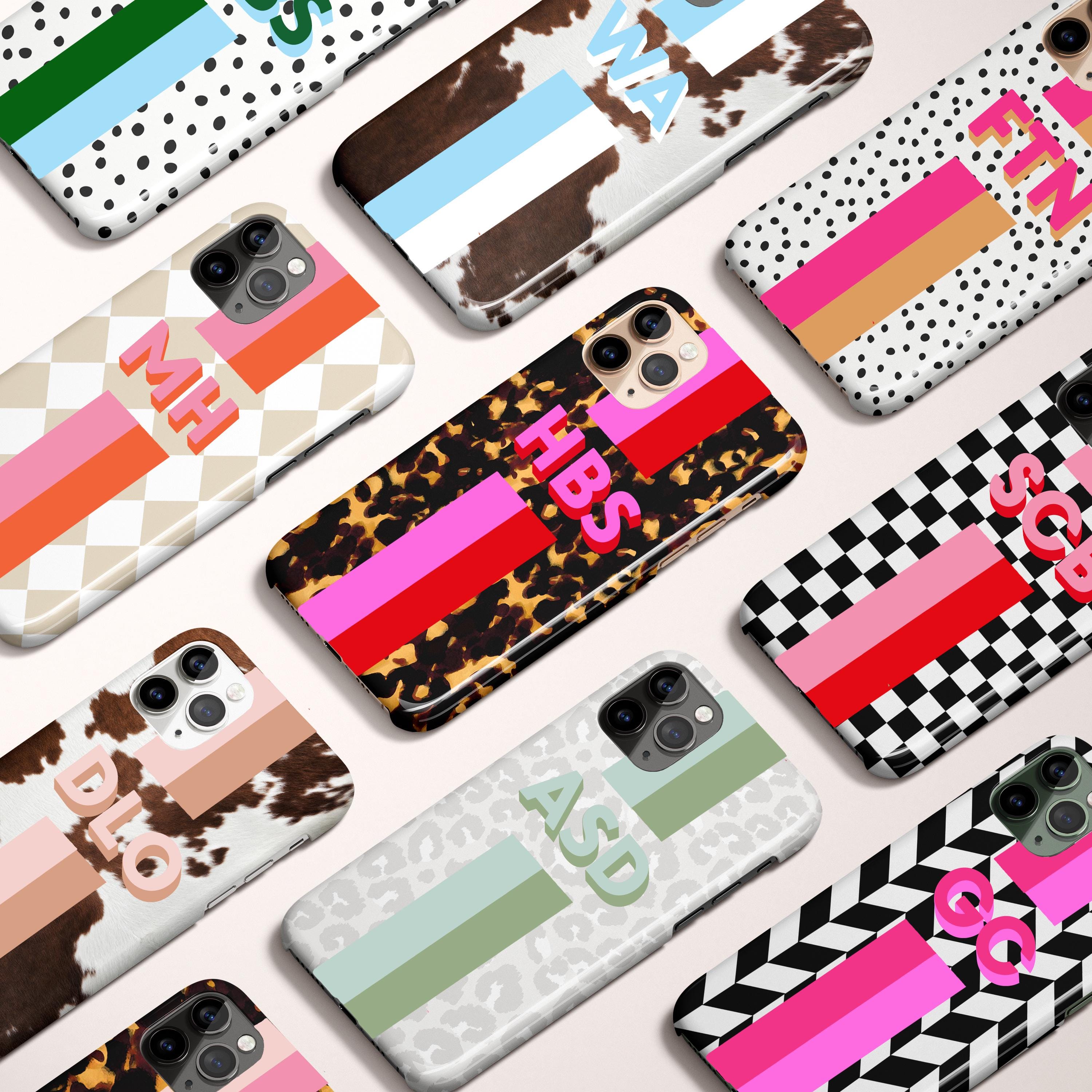 Personalized Shadow Initial Stripe Phone Case, Custom Name, iPhone 16e, 15, 14, 13, 12, Magsafe,Pro Max, Plus,Mini, Tortoise, Cow, Checker