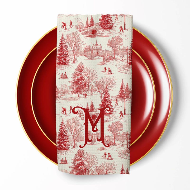 Personalized Christmas Holiday Kitchen Towel, Bar Cart Decor, Dish Towel, Party, Housewarming, Winter Toile, Vintage Antique, Red
