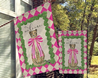 Welcome Garden Flag, House Flag, Porch Flags, Yard Flags, Cheetah, Leopard, Hot Pink, Cream, Fun Preppy Classy, Harlequin, Diamond, Checkers