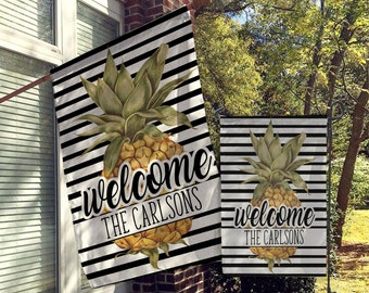 Personalized Flag, Pineapple Preppy Garden & House Flag, Welcome Flag, Farmhouse Garden Flag, Vintage Design, Yard Decor, Stripes