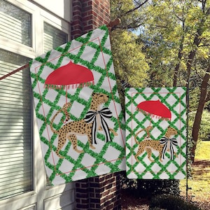 Welcome Garden Flag, House Flag, Garden Flags, Porch Flags, Yard Flags, Chinoiserie, Preppy, Leopard, Umbrella, Green Vines, Black White Bow