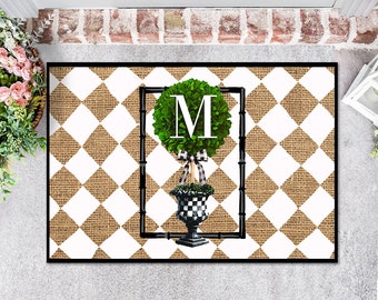 Door Mat, Personalized Mat, Outdoor or Indoor Mat, Floor Entry Mat, Large Doormat, Topiary, Diamond, Faux Printed Burlap, Harlequin,Initial