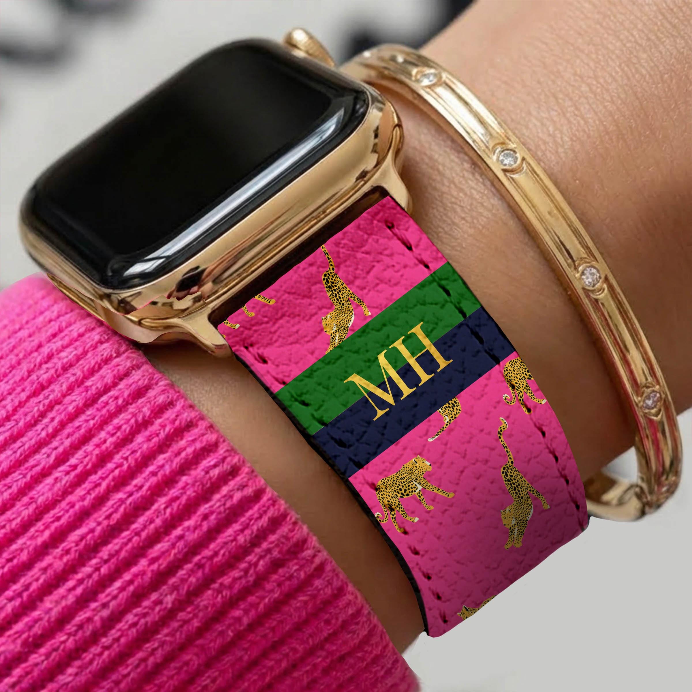 Leopard Print Leather Rose Gold Jewelry Apple Watch Series 7 Band Women Bracelet Amazon.com: JR.DM Rose Gold Black Leather Watch Bands for  main image 4