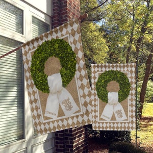 Personalized Garden Flag, Custom House Flag, Boxwood Wreath Flag, Monogram Sash, Tan White Harlequin, Checker, Diamond, printed Jute burlap