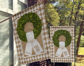 Personalized Garden Flag, Custom House Flag, Boxwood Wreath Flag, Monogram Sash, Tan White Harlequin, Checker, Diamond, printed Jute burlap