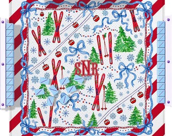 Custom Mahjong Mat, 31.5", Neoprene, Personalized, Monogrammed, Initial, Winter, Holiday, Christmas, Snow, Skiing, Stripes