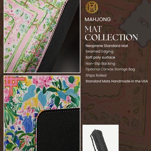May include: A Mahjong mat collection featuring a neoprene standard mat with seamed edging, a soft poly surface, and a non-slip backing. The mat displays a floral pattern in pink, green, and blue, and includes an optional black canvas storage bag.