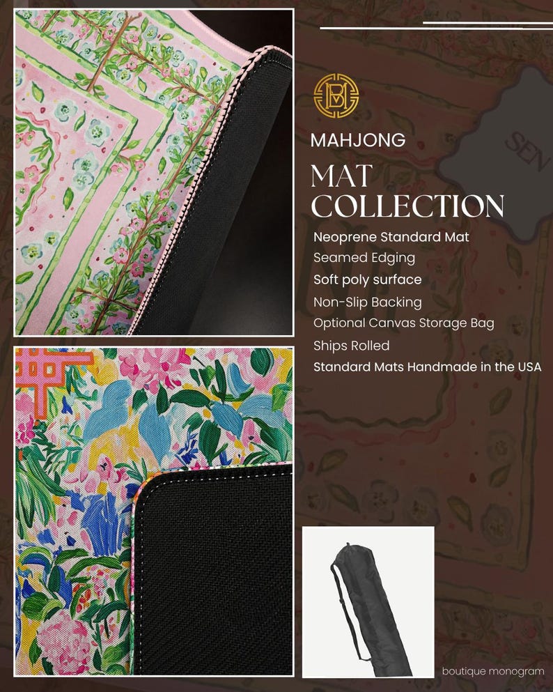 May include: A Mahjong mat collection featuring a neoprene standard mat with seamed edging, a soft poly surface, and a non-slip backing. The mat displays a floral pattern in pink, green, and blue, and includes an optional black canvas storage bag.